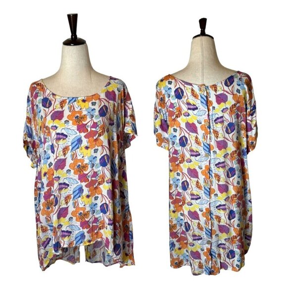 Cynthia Rowley Shirt Women 2X White‎ Floral High Low Hem Button Back Top Boho - Picture 1 of 11